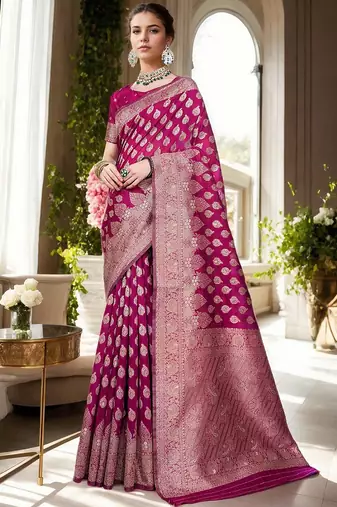magenta woven design zari organza banarasi saree
