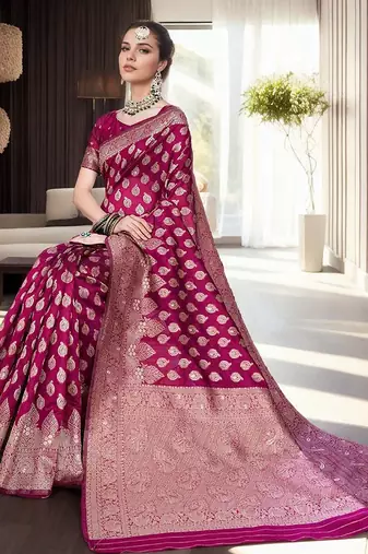 magenta woven design zari organza banarasi saree