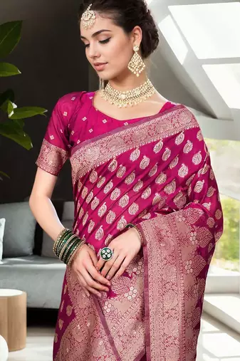 magenta woven design zari organza banarasi saree