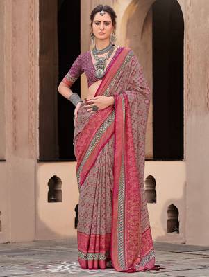 Pink ethnic motifs festive wear pink silk blend banarasi saree with matching blouse 1