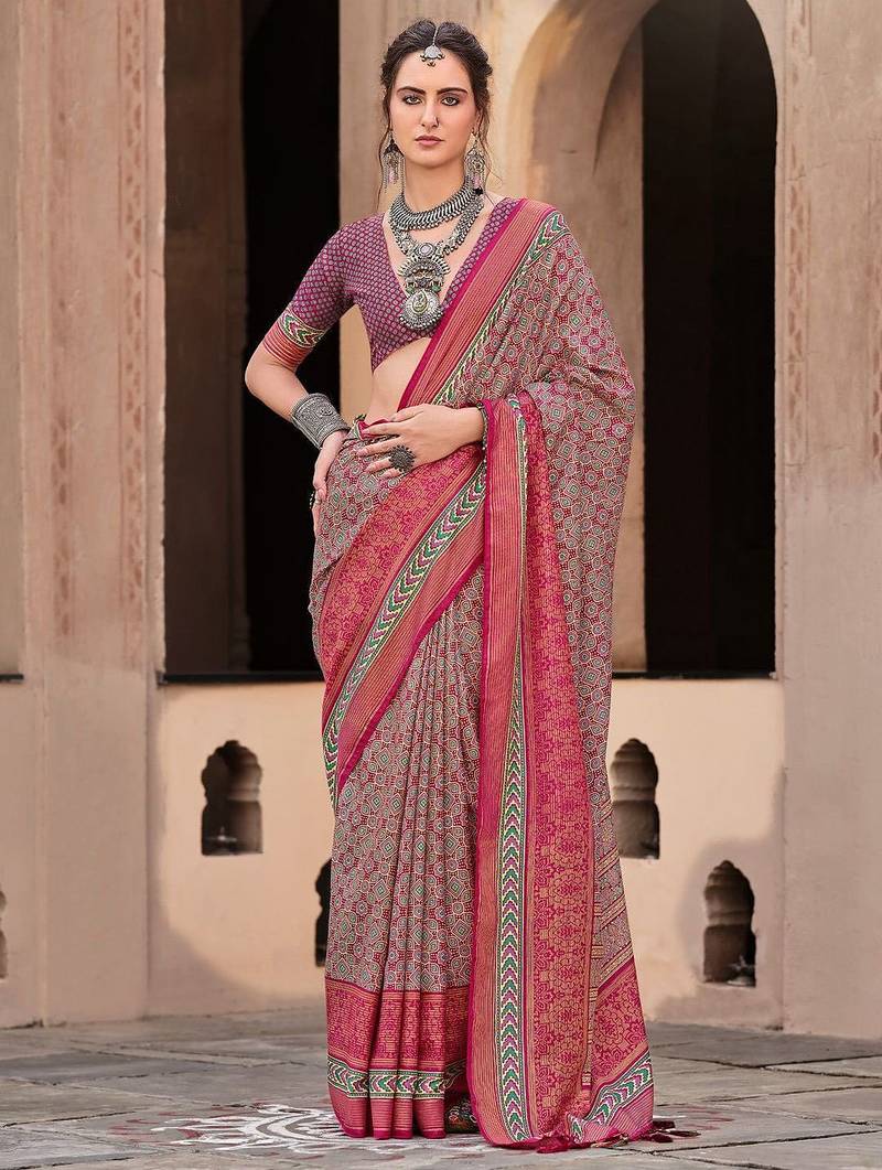 Pink ethnic motifs festive wear pink silk blend banarasi saree with matching blouse