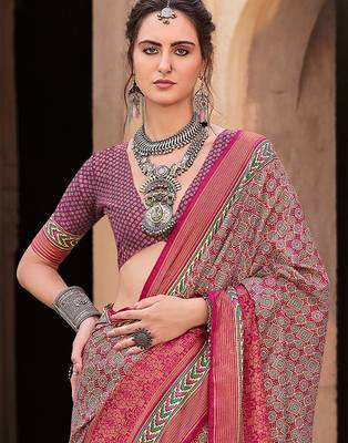 Pink ethnic motifs festive wear pink silk blend banarasi saree with matching blouse 2