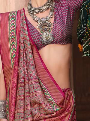 Pink ethnic motifs festive wear pink silk blend banarasi saree with matching blouse 5