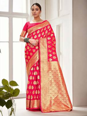pink woven design zari banarasi silk blend saree 1
