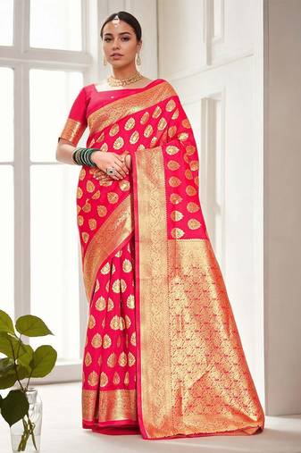 pink woven design zari banarasi silk blend saree