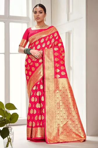 pink woven design zari banarasi silk blend saree