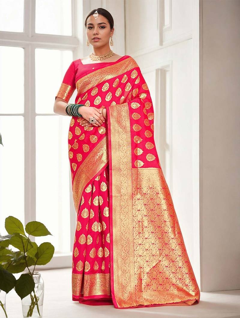 pink woven design zari banarasi silk blend saree
