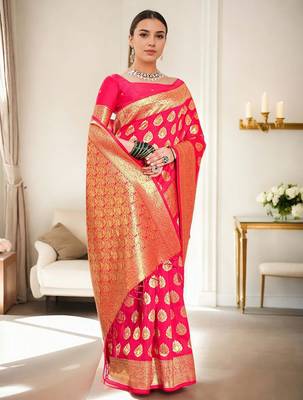 pink woven design zari banarasi silk blend saree 2