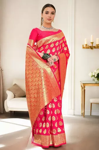 pink woven design zari banarasi silk blend saree