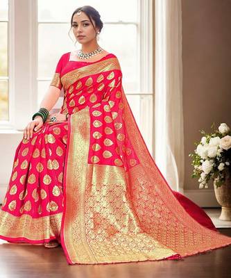 pink woven design zari banarasi silk blend saree 3