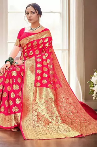 pink woven design zari banarasi silk blend saree