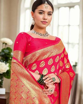 pink woven design zari banarasi silk blend saree 4