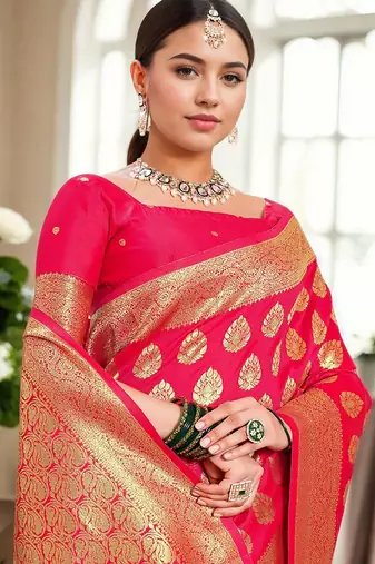 pink woven design zari banarasi silk blend saree