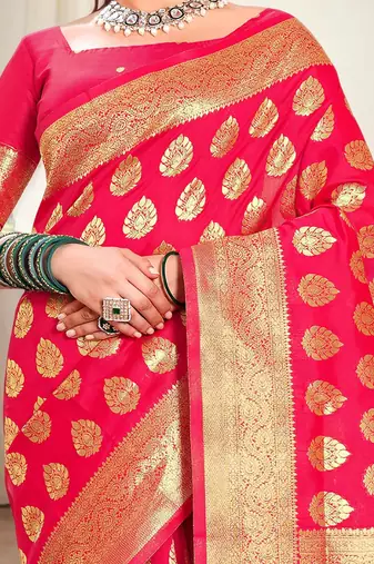 pink woven design zari banarasi silk blend saree