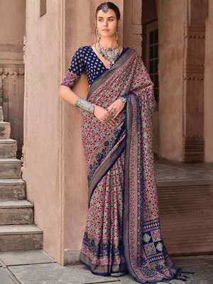 Navy blue printed ethnic motifs zari silk blend banarasi saree 1