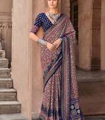 Navy blue printed ethnic motifs zari silk blend banarasi saree