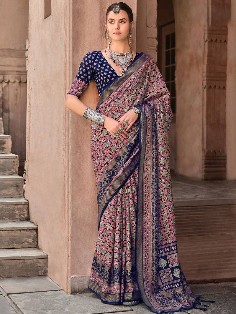 Navy blue printed ethnic motifs zari silk blend banarasi saree