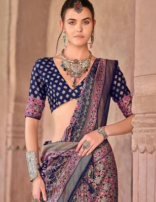 Navy blue printed ethnic motifs zari silk blend banarasi saree 2