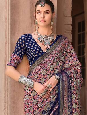 Navy blue printed ethnic motifs zari silk blend banarasi saree 3
