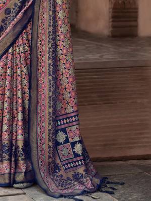 Navy blue printed ethnic motifs zari silk blend banarasi saree 5