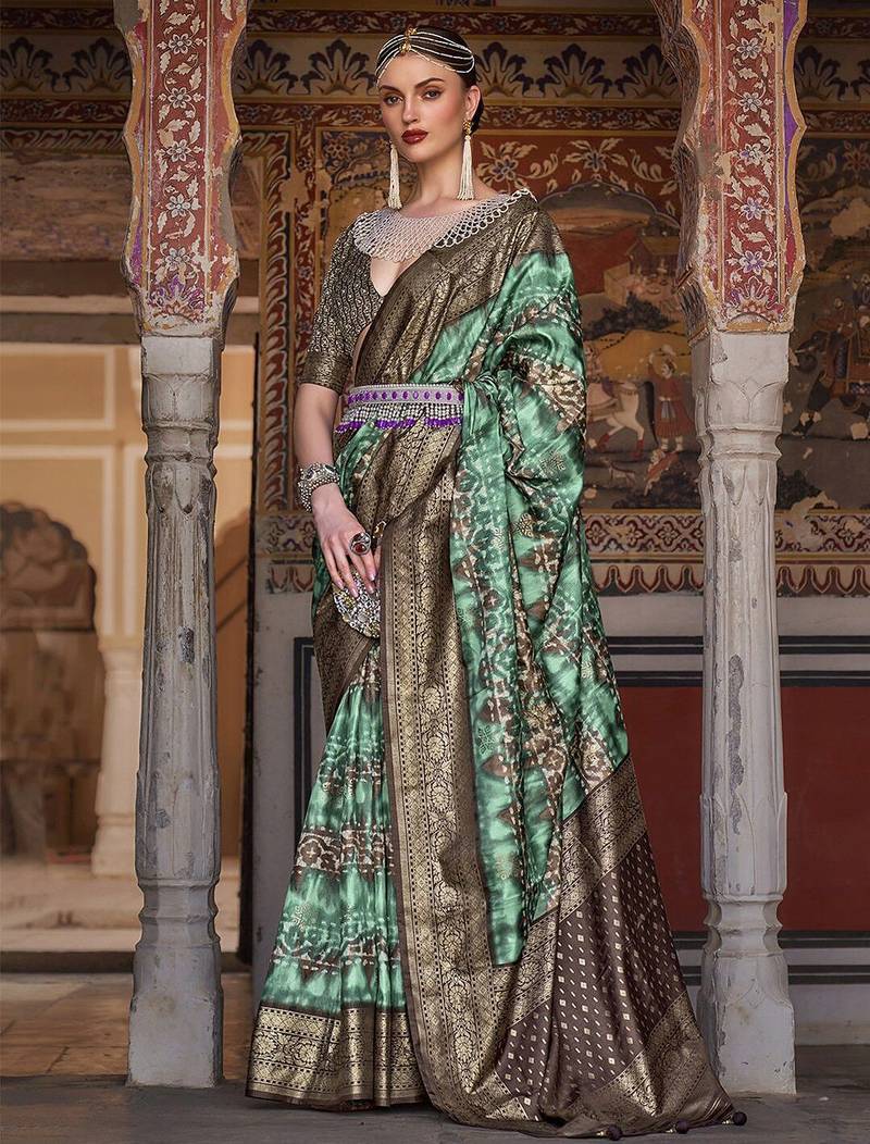 sea green sea green & brown ethnic motif woven design zari banarasi silk blend saree