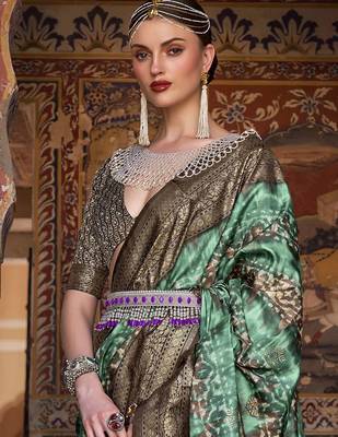 sea green sea green & brown ethnic motif woven design zari banarasi silk blend saree 2