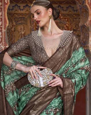 sea green sea green & brown ethnic motif woven design zari banarasi silk blend saree 3