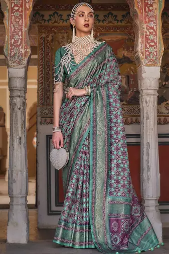 burgundy & blue geometric woven design zari banarasi silk blend saree