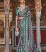 burgundy & blue geometric woven design zari banarasi silk blend saree