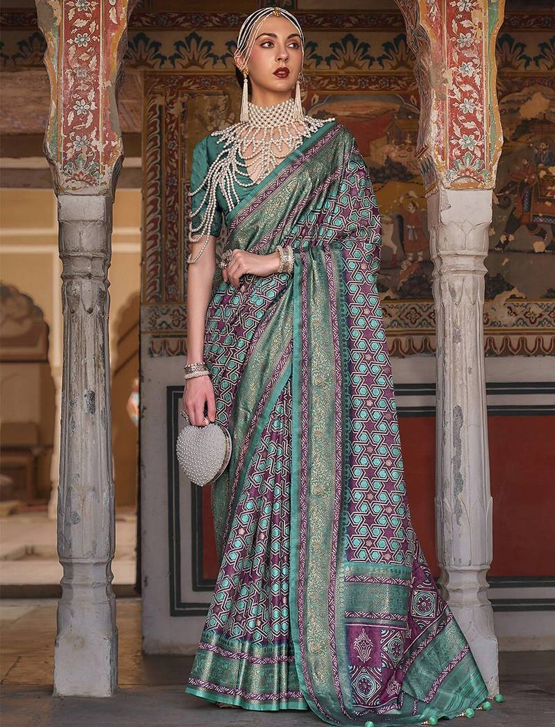 burgundy & blue geometric woven design zari banarasi silk blend saree