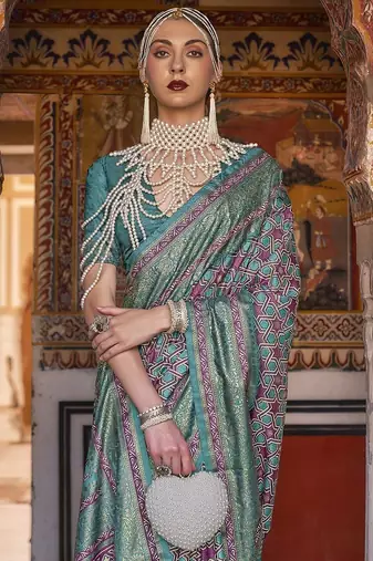 burgundy & blue geometric woven design zari banarasi silk blend saree