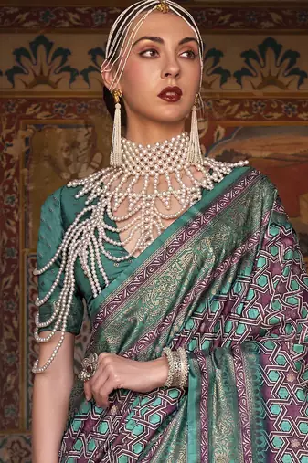 burgundy & blue geometric woven design zari banarasi silk blend saree