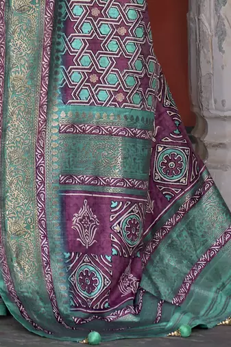 burgundy & blue geometric woven design zari banarasi silk blend saree