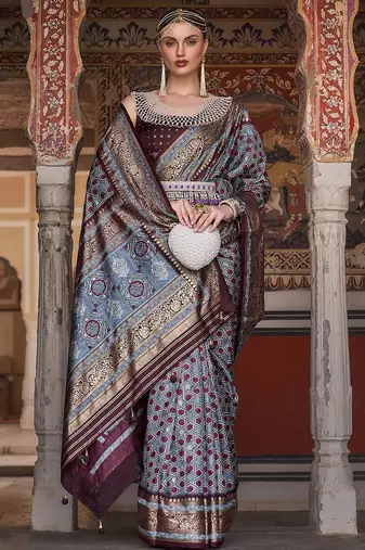 grey & maroon geometric woven design zari banarasi silk blend saree