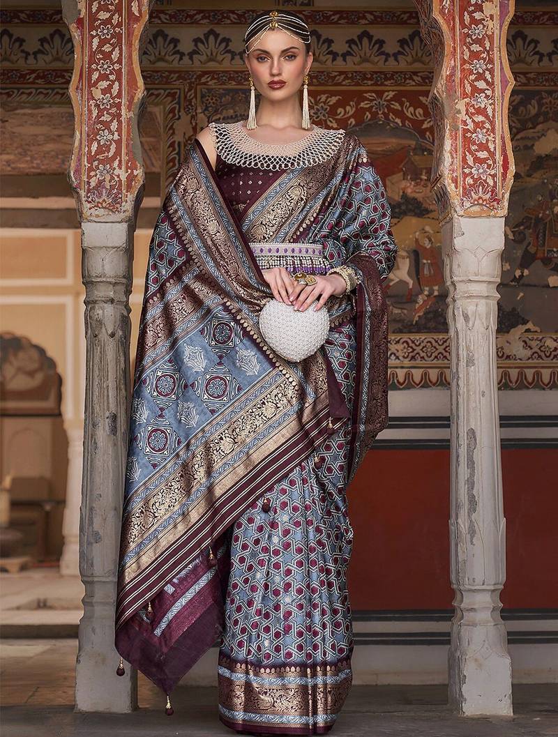 grey & maroon geometric woven design zari banarasi silk blend saree