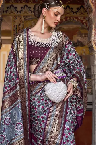 grey & maroon geometric woven design zari banarasi silk blend saree