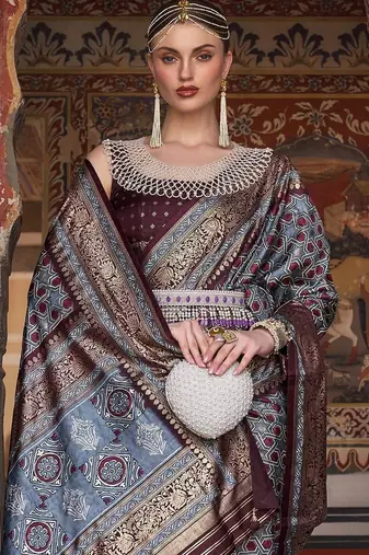 grey & maroon geometric woven design zari banarasi silk blend saree
