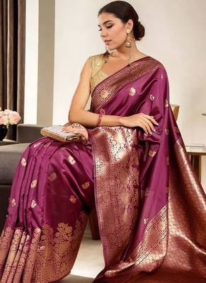 magenta woven design zari banarasi silk blend saree 1