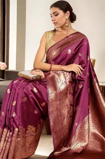 magenta woven design zari banarasi silk blend saree