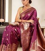 magenta woven design zari banarasi silk blend saree