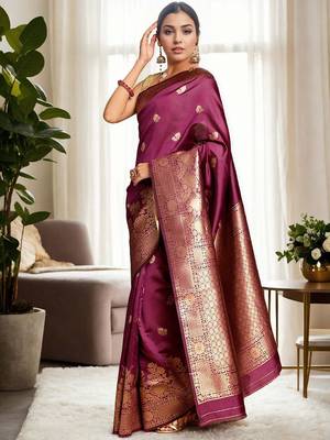 magenta woven design zari banarasi silk blend saree 2