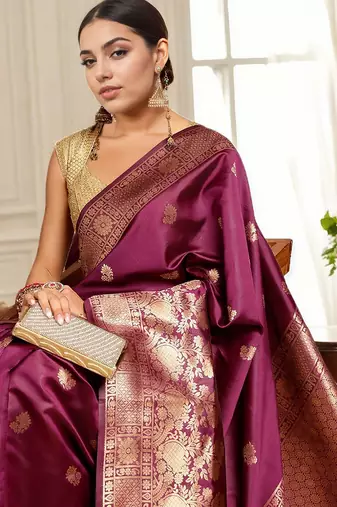 magenta woven design zari banarasi silk blend saree