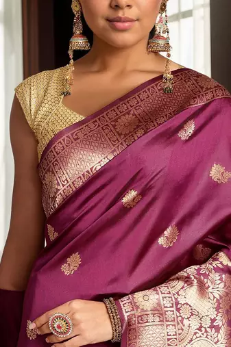 magenta woven design zari banarasi silk blend saree