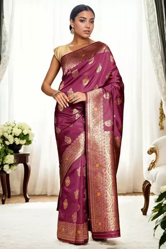magenta woven design zari banarasi silk blend saree