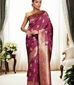 magenta woven design zari banarasi silk blend saree