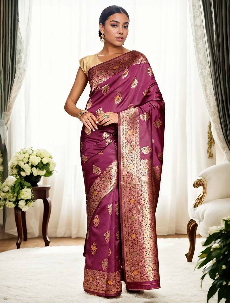 magenta woven design zari banarasi silk blend saree