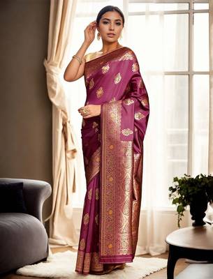 magenta woven design zari banarasi silk blend saree 2