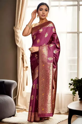 magenta woven design zari banarasi silk blend saree