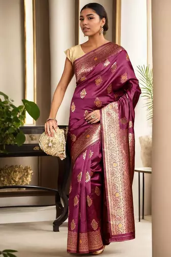 magenta woven design zari banarasi silk blend saree