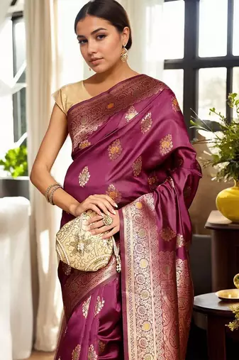magenta woven design zari banarasi silk blend saree